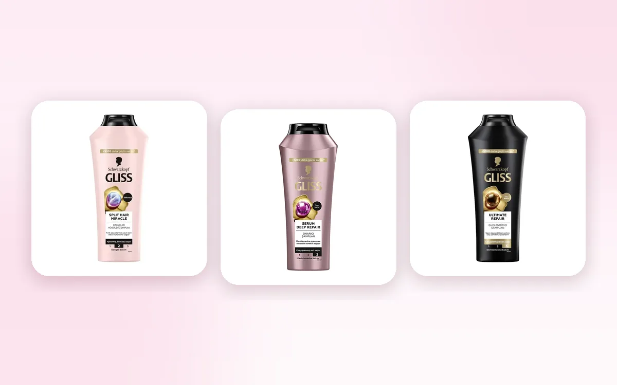 شامپوهای گلیس صورتی Split Hair Miracle، Serum Deep Repair و مشکی Ultimate Repair