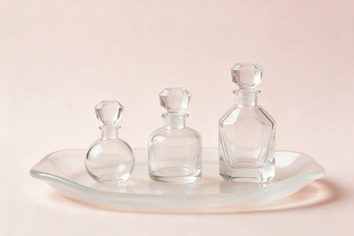 بطریهای ساده عطر و ادکلن روی سینی شیشهای در نور ملایم