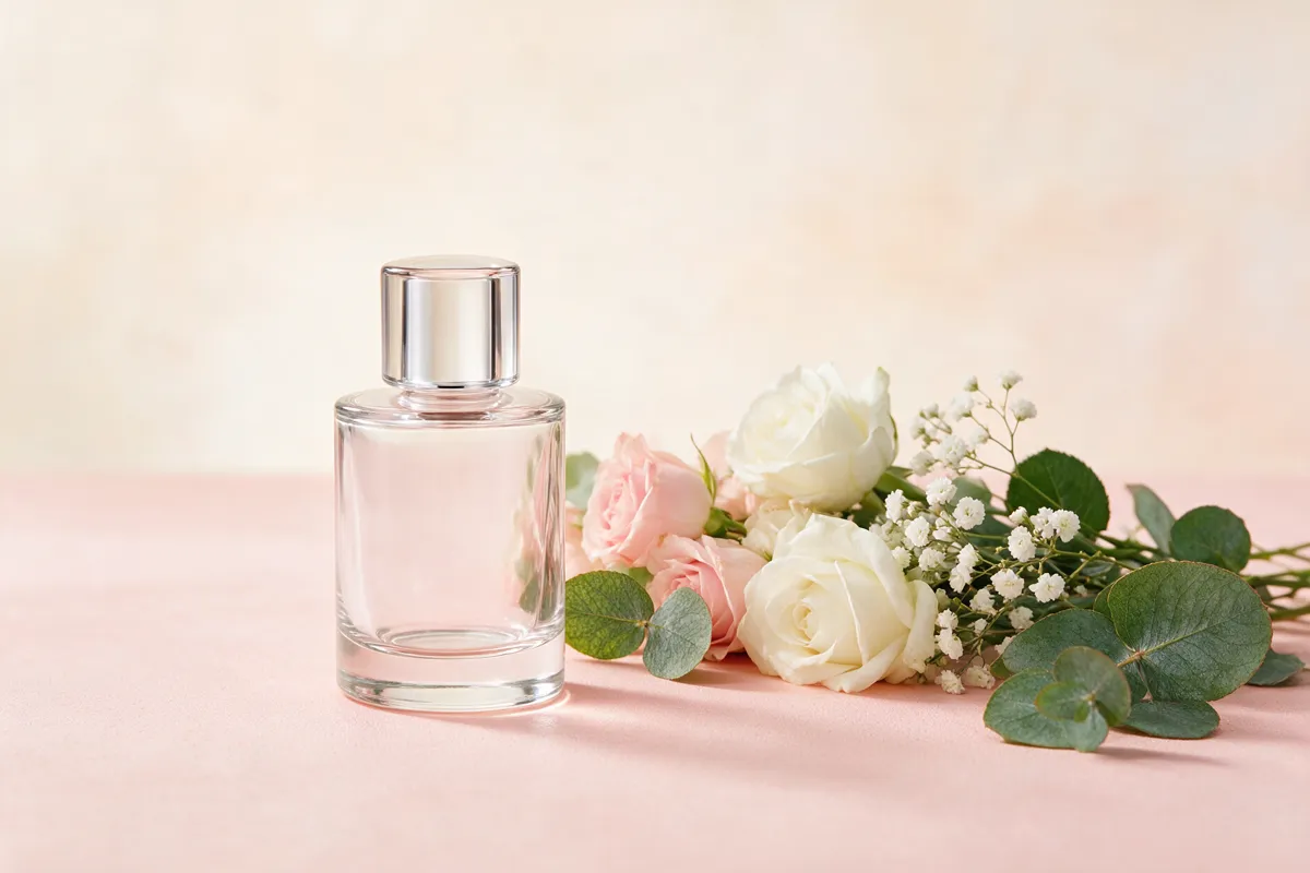بطری شیشهای عطر کنار گل و برگ برای هدیه یا استفادهٔ شخصی