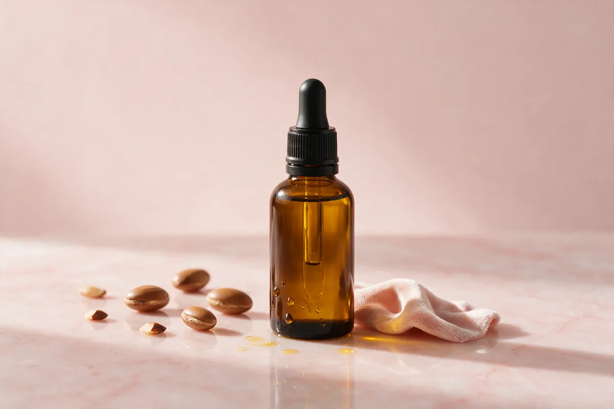 روغن آرگان مو در بطری قطره‌چکان شیشه‌ای و چند قطره روی سطح صورتی