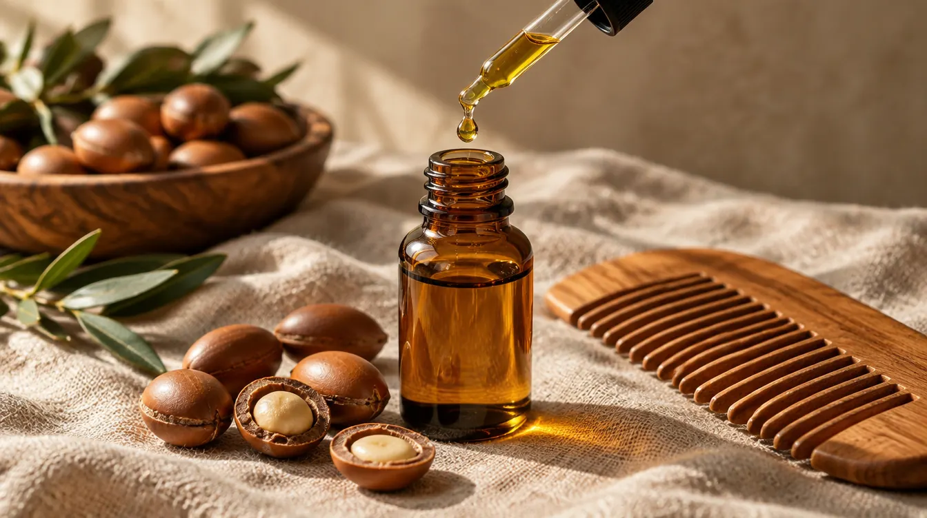 بطری قطره‌چکان روغن آرگان کنار دانه‌های آرگان و شانهٔ چوبی