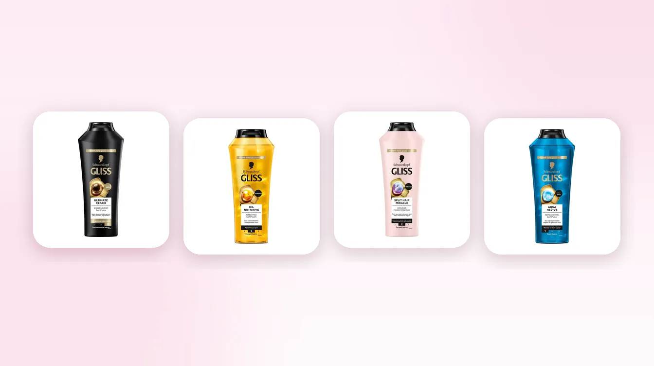 شامپوهای گلیس مشکی، طلایی، صورتی و Aqua Revive کنار هم